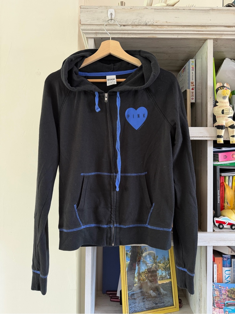 PINK Victoria's Secret Girls' Black Zip-Up Hoodie with Blue Accent Heart Y2K
